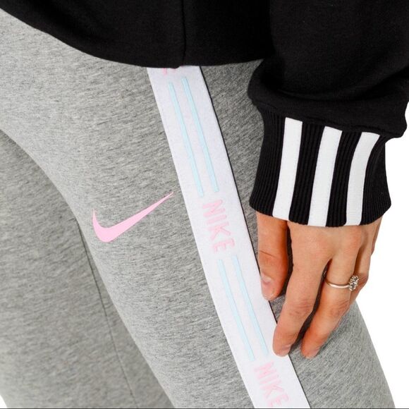 NIKE Ultra Femme Grey And Pink Swoosh Logo Striped Leggings Size S - Picture 1 of 8